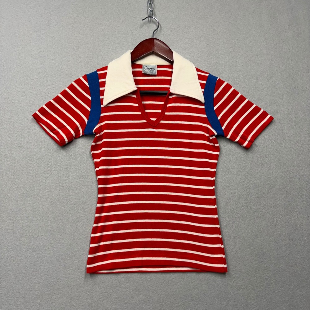 Bronson of California Knit Top Women M Red White Striped 70s Retro V-Neck Collar